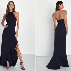 LULU's Chic Sexy Sophisticated Prom Wedding Ruffle Hem Halter Neck Trumpet Maxi